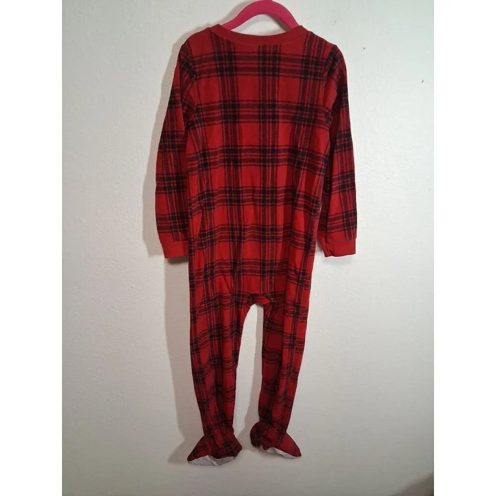 Carters Fleece Pajamas Footie Christmas Reindeer Plaid Sleepwear Unisex Red 5T